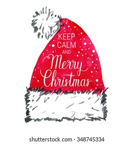 Keep calm and Merry Christmas poster. Vector winter holidays background with hand lettering, snowflakes, falling snow. Hand drawn watercolor red santa hat. 