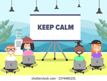 Keep calm in office concept.Millennials at work.Young characters sitting with laptops.Flat cartoon design