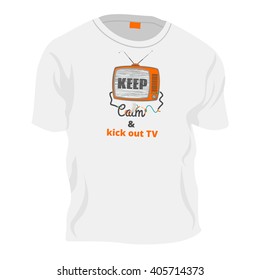 Keep calm - old tv with glitch screen, funny banner, joke applique for t-shirt