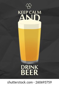 Keep calm with pint of beer, black crumpled paper background.