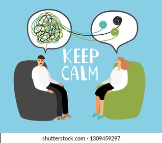 Keep calm, psychiatrist listening and counseling patient, healthcare emotional, therapy with doctor. Vector illustration