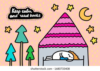 Mantén la calma y lee libros ilustraciones de vector dibujadas a mano en el estilo cómico de caricaturas hombre hogar en aislamiento de cuarentena textura fondo