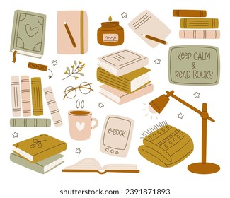 Keep calm and read books set with stack and pile of paper literature and cozy stuff accessories vector illustration. Home study, personal library archive, educational hobby activity and cognition