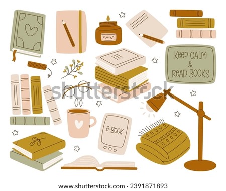 Keep calm and read books set with stack and pile of paper literature and cozy stuff accessories vector illustration. Home study, personal library archive, educational hobby activity and cognition