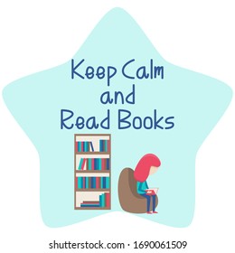 "keep calm and read books" words, a girl is sitting on a couch and reading a book, woman read book at home, bookshelf