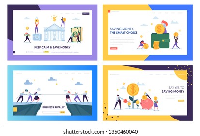 Keep Calm And Save Money Landing Page Set. Smart Choice In Business Rivalry, Earning And Keeping Capital For Company. Secure Cash Website Or Web Page. Flat Cartoon Vector Illustration