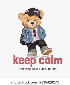 keep calm slogan with cool bear doll stepping on gum vector illustration svg