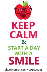 Keep calm and start day with a smile phrase poster with smiling apple cartoon character wearing a glasses. Vector illustration.