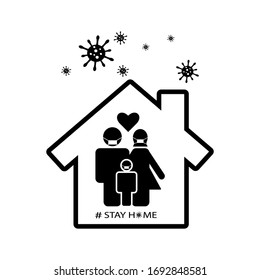Keep calm and stay home concept vector illustration. Coronavirus Covid-19, quarantine motivational poster. Family of adults and kids stay at home to reduce risk of infection and spreading the virus.