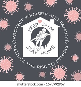 Keep calm, Stay home - fight to stop spreading of Covid19, motivational quote vector poster. Two siblings read a book together. Quarantine, self isolation at home as Coronavirus pandemic measure.