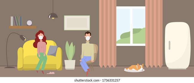 Keep calm and stay at home with self quarantine to help slow outbreak and protect virus spread. Sleeping dog corgi. Sitting girl on yellow sofa. Young man in a mask on char. 
