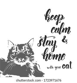 Keep calm and stay home with your cat -hand drawn  lettering phrase. Coronavirus. Quarantine. Monochrome cat. Novel coronavirus (2019-nCoV).