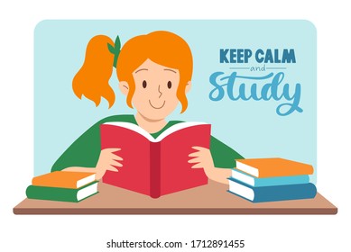 Keep calm and study. Cute cartoon red hair girl sitting on table with open book and smiling. Hand drawn flat vector illustration. Reading books, stay home education concept. Design for banner, poster.