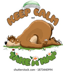 Keep Calm and Take a Nap, Sleeping Bear and tiny cute Ladybug Vector Illustration