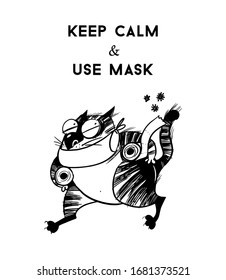 Keep calm and use mask poster. Funny cat vector illustration