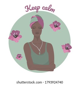  Mantener la ilustración vectorial tranquila. Mujer hermosa meditando entre flores rosadas