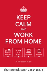 Keep Calm And Work From Home. Business Continuity Plan During Lockdown. Motivational Poster Design. Prevent Covid-19 Virus. Facing Pandemic Crises Productively. Work From Home Checklist Icons.