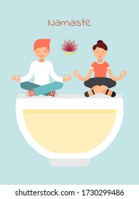 Keep calm yoga concept, male female sitting lotus position isolated on blue, flat vector illustration. People character relax pose, namaste text phrase. Mental and physical state health.