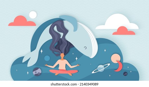 Tranquilidad, relajación zen, concentración esotérica y equilibrio espiritual. Mujer meditando en posición de yoga con ballena, luz de las estrellas y planeta en el espacio nocturno universo ilustración vectorial plana
