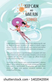 Keep cam and have fun summer poster with text sample. Women in bikini swimsuit swimming in inflatable round rings. Vector girls in rubber safety donut