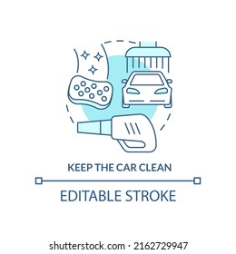 Keep the car clean turquoise concept icon. Interior, exterior cleaning. Road trip tip abstract idea thin line illustration. Isolated outline drawing. Editable stroke. Arial, Myriad Pro-Bold fonts used