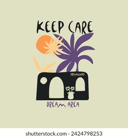 Keep care Typography print. Spring summer slogan text vector graphic print, Marine and nautical or sea, background or poster print