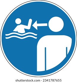 Keep children under supervision in the aquatic environment. Mandatory sign. Round blue sign. Keep children under supervision while swimming. Follow the safety rules.