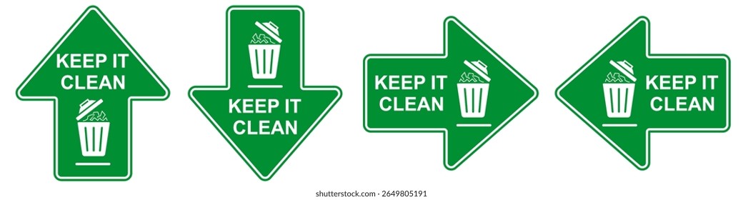 Keep It Clean Green Arrow Sign Vector Set for Hygiene Awareness and Environmental Safety Isolated on White Background EPS Illustration