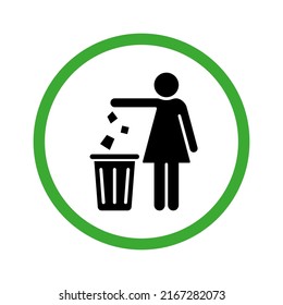 Keep Clean Icon. Allowed Drop Trash in Bin. Throw Litter in Bin Silhouette Green Icon. Disposal Waste Glyph Pictogram. Tidy Woman Throw Rubbish in Can Sign. Isolated Vector Illustration.