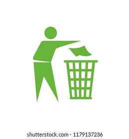 Keep clean icon. Do not litter sign. Silhouette of a man in the green circle, throwing garbage in a bin, isolated on white background. No littering symbol. Public Information Icon. Vector illustration
