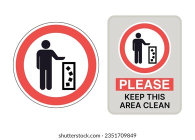 Keep clean icon and a Do not litter sign. It features a silhouette of a man throwing garbage into a bin, isolated on a square background. A square with the notice for No littering. Vector.