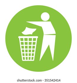 Keep Clean Icon. Do Not Litter Sign. Silhouette Of A Man In The Green Circle, Throwing Garbage In A Bin, Isolated On White Background. No Littering Symbol. Public Information Icon. Vector Illustration