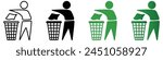 Keep clean icon in outline and filled styles at black and gradient green color. Do not litter sign. Silhouette of a man , throwing garbage in a bin. Public Information Illustration.