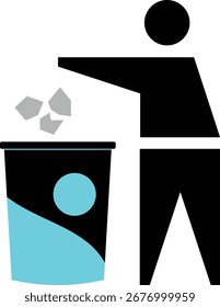 Sauberes Symbol beibehalten. Öffentliche Informationen einfache Vektorgrafik Web-Zeichen-Symbol. Ein Mann wirft Müll Silhouette Grafikdesign. Mülleimer, Wurf und Menschensymbol.