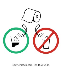 Keep are clean. Please do not throw paper in basket red sign. Please throw paper in toilet green sign. Vector icon set