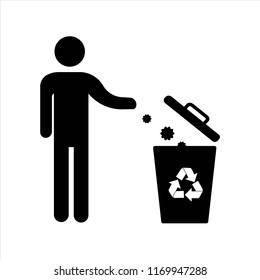 Mantenga limpio y recicle el icono. El hombre arroja basura en el icono aislado en fondo blanco. Ilustración vectorial.