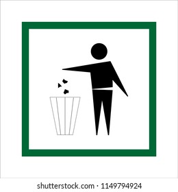 Keep clean sign. Do not litter sign. Silhouette person on white background. No throwing garbage mark in white square. Take care of clean nature symbol. Flat vector image. Vector illustration.