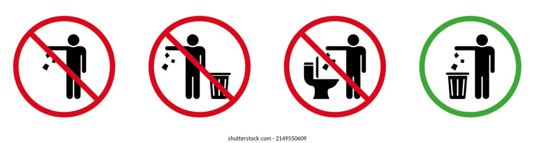 Keep Clean Silhouette Sign. Allowed Throw Rubbish, Waste, Garbage in Bin Symbol. Do Not Throw Trash in Toilet Glyph Icon. Warning Please Drop Litter in Bin Sticker. Isolated Vector Illustration. - Shutterstock ID 2149550609