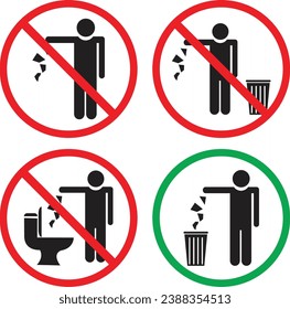 Keep Clean Silhouette Sign. Allowed Throw Rubbish, Waste, Garbage in Bin Symbol. Do Not Throw Trash in Toilet Glyph Icon. Warning Please Drop Litter in Bin Sticker. Vector Art Illustration