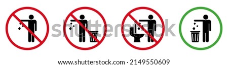 Keep Clean Silhouette Sign. Allowed Throw Rubbish, Waste, Garbage in Bin Symbol. Do Not Throw Trash in Toilet Glyph Icon. Warning Please Drop Litter in Bin Sticker. Isolated Vector Illustration. 商業照片 © 