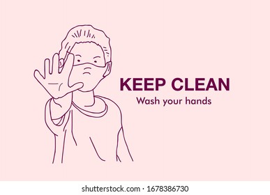 keep clean, wash your hand label or banner campaign for prevent from bacteria and virus