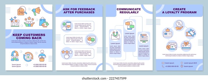 Keep customers coming back brochure template. Client loyalty. Leaflet design with linear icons. Editable 4 vector layouts for presentation, annual reports. Arial-Black, Myriad Pro-Regular fonts used