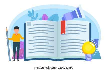 To keep diary, blogging, writing concept. Small man stands near big diary, book, document. Poster for presentation, web page, banner, social media. Flat design vector illustration