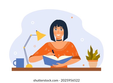 Keep diary and write notebook concept. Woman sitting at desk and making notes in journal. Student studies or writing down his impression. Cartoon flat vector illustration isolated on white background
