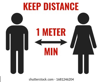 Keep distance 1 meter minimum. Warning sign to prevent the spread of diseases and epidemics. Vector icons of man and woman standing at a distance from each other. Warning sign for print and articles.