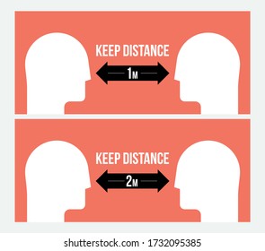 Keep distance attention message sign template with two human heads silhouettes and black bold two sided arrow with 1m and 2m caption. Covid-19 coronavirus prevention concept. Vector illustration