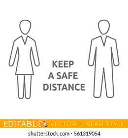 Keep distance between man and woman. Editable line icon. Stock vector illustration.