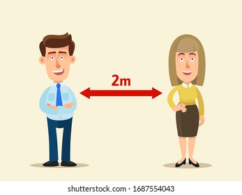 Keep a distance between people. Safe distance between man and woman, personal space, social distance. Information banner, board or placard. Vector illustration, flat design, cartoon style, isolated.