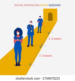 Keep the distance between you and others when going outside about 1 to 2 meters and wear medical mask for safety. Flat illustration vector.