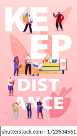 Keep Distance Concept. Customers Characters in Medical Masks Stand in Line at Grocery with Goods in Shopping Trolley during Covid19 Pandemic Poster Banner Flyer. Cartoon People Vector Illustration